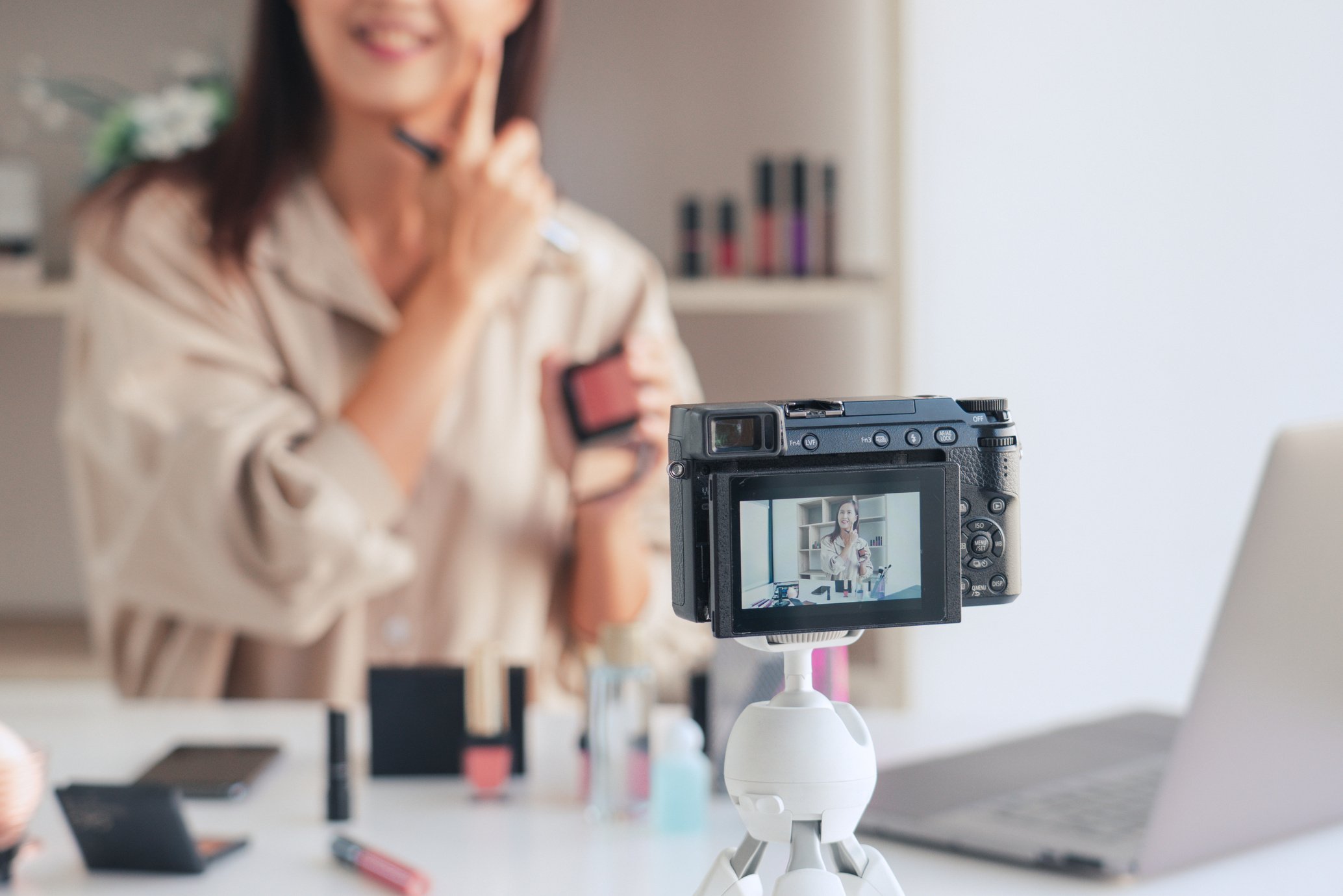 Fashion Blogger Recording Video Presenting Makeup